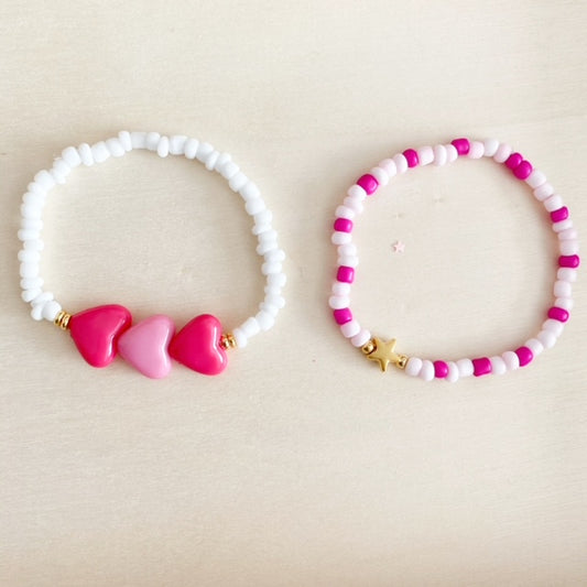 Pink Heart Beaded Bracelet Set