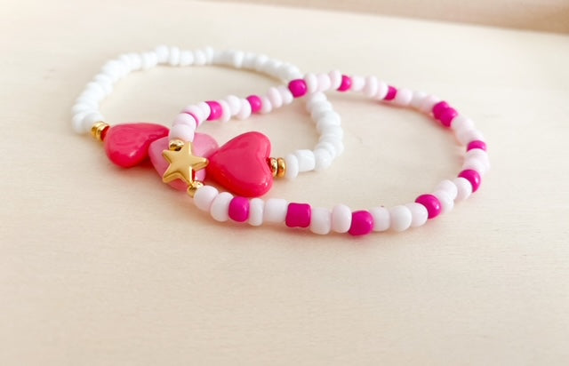 Pink Heart Beaded Bracelet Set